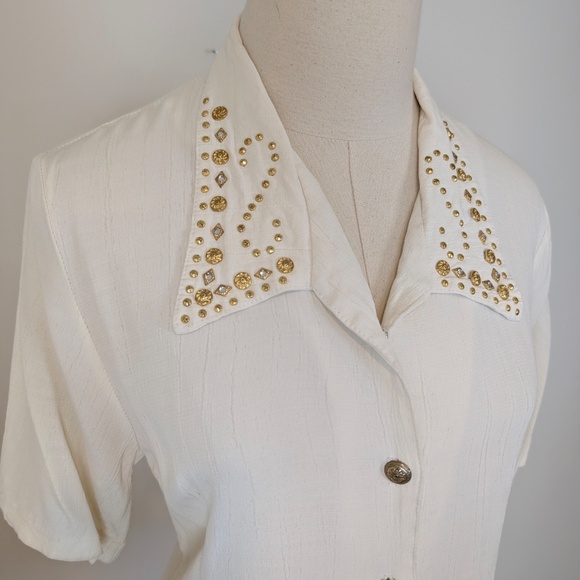 Vintage Studded Button Down Blouse Size Medium White Off-white - Picture 5 of 11